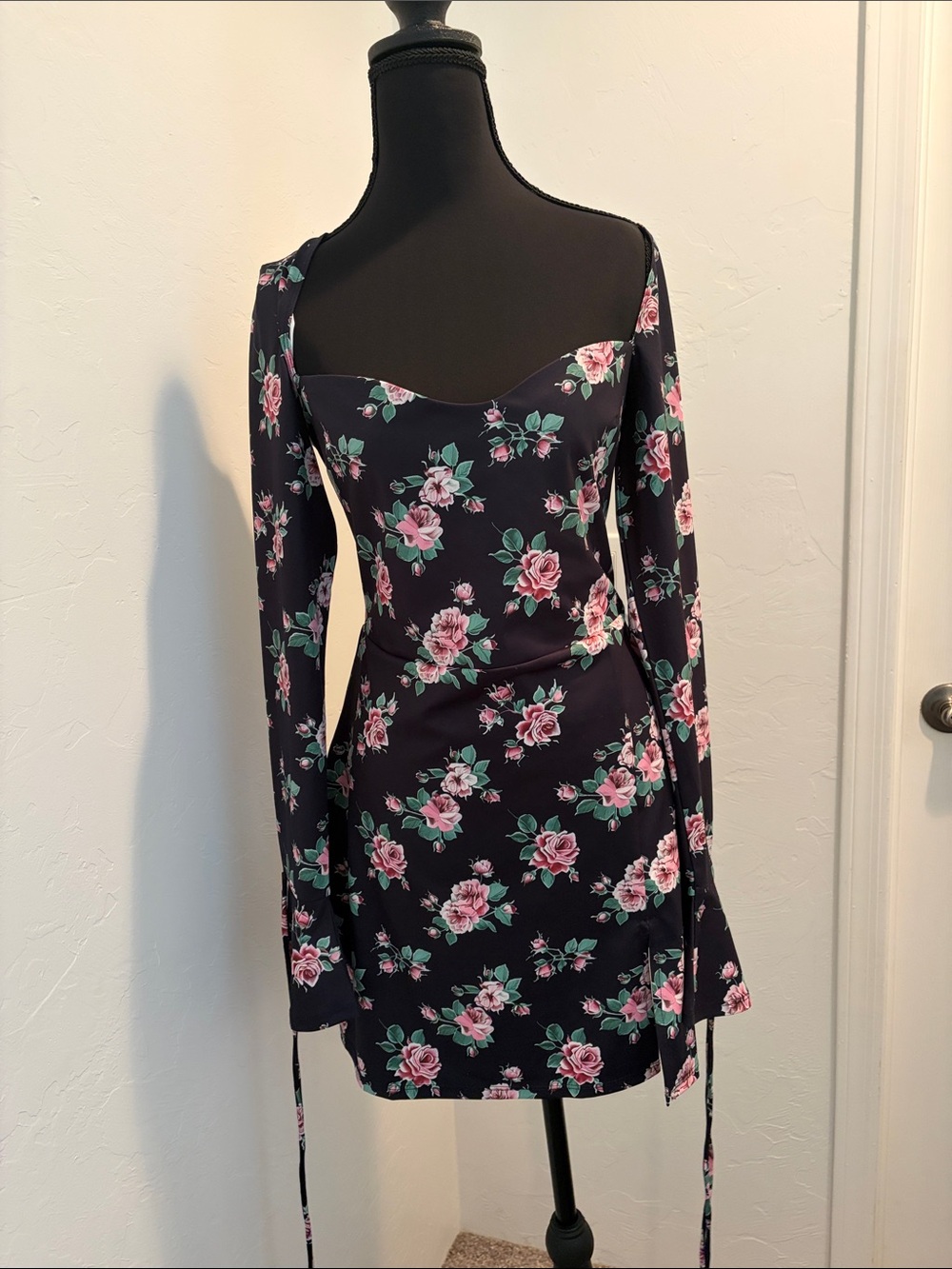 Fashion Nova Black Mini Dress with Pink Rose Print